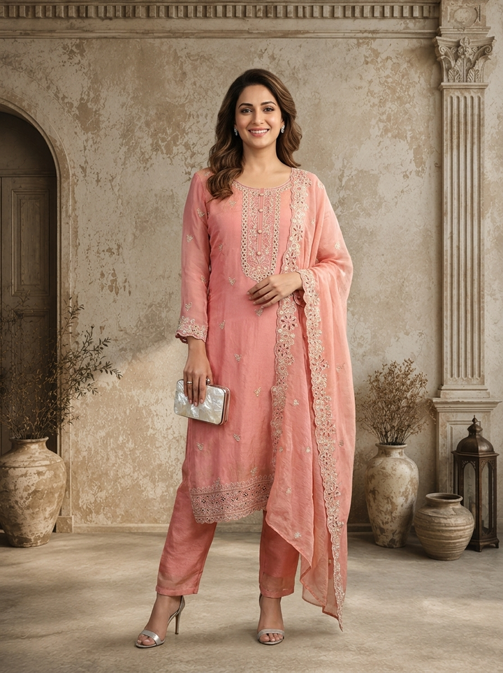 Onion Satin Floral Buti Embroidered Three Piece Set