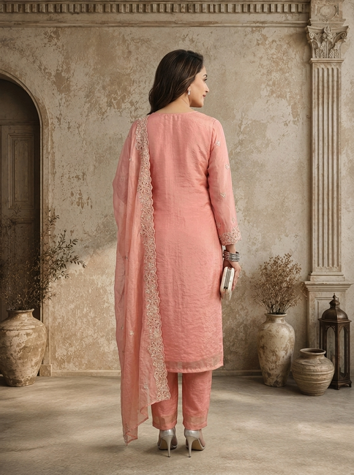 Onion Satin Floral Buti Embroidered Three Piece Set