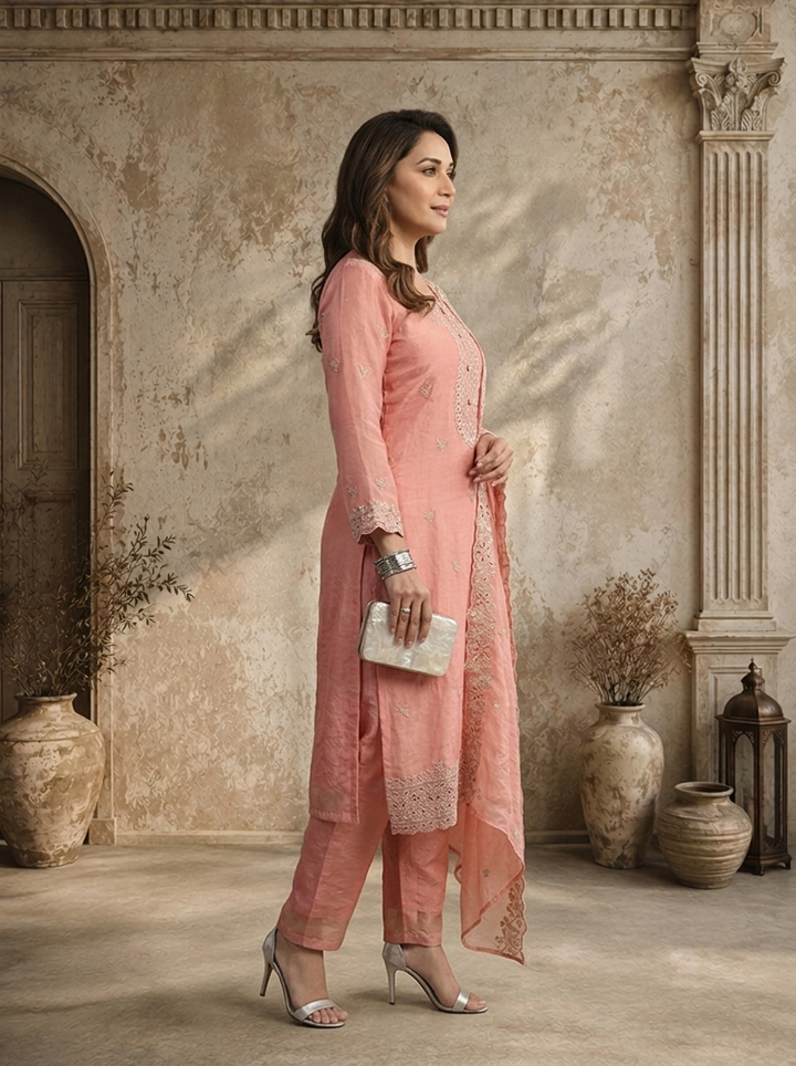 Onion Satin Floral Buti Embroidered Three Piece Set