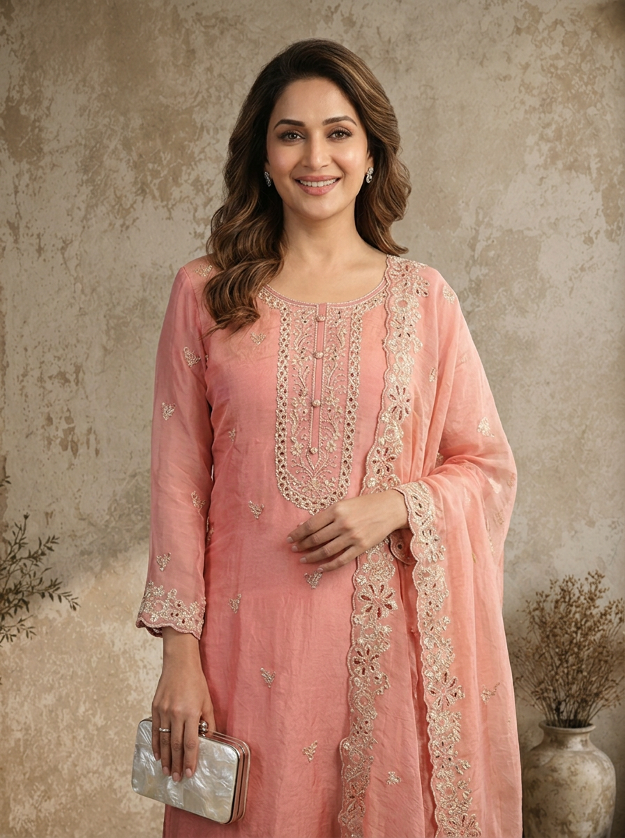Onion Satin Floral Buti Embroidered Three Piece Set