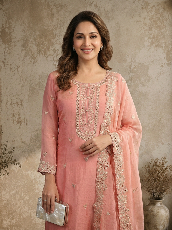 Onion Satin Floral Buti Embroidered Three Piece Set