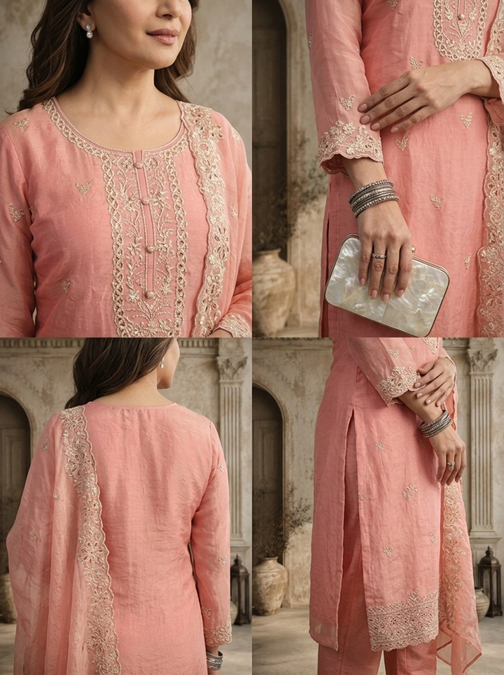 Onion Satin Floral Buti Embroidered Three Piece Set