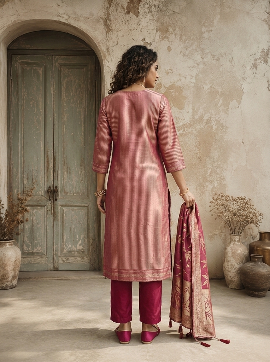 Magenta Tissue Floral Weaved Three Piece Set