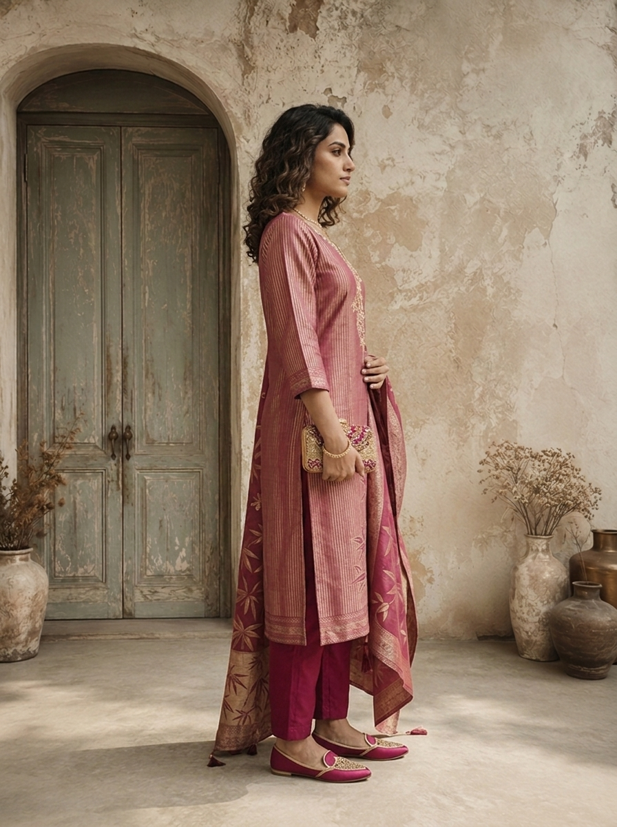 Magenta Tissue Floral Weaved Three Piece Set