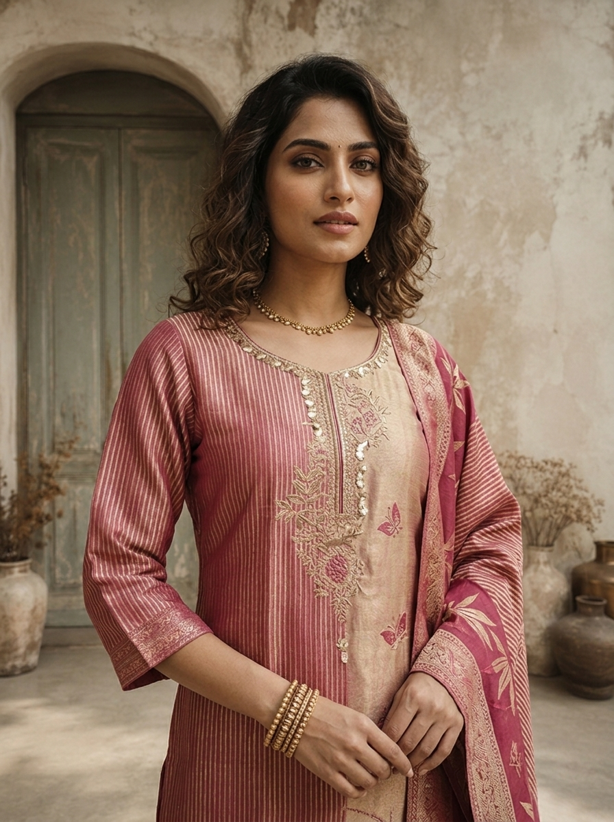 Magenta Tissue Floral Weaved Three Piece Set