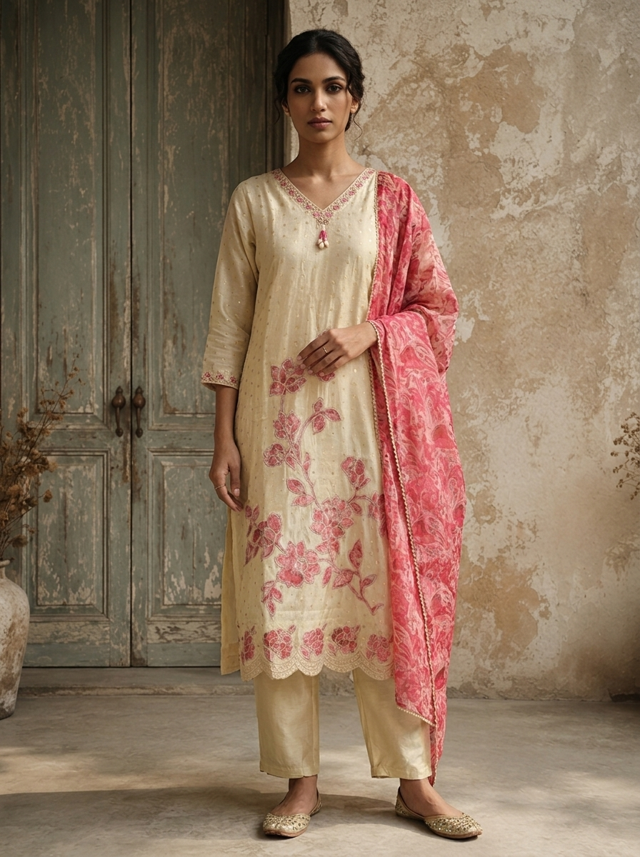 Pink Tissue Floral Applique Printed Three Piece Set