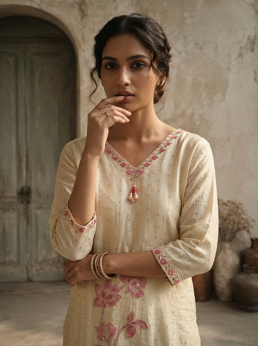 Pink Tissue Floral Applique Printed Three Piece Set