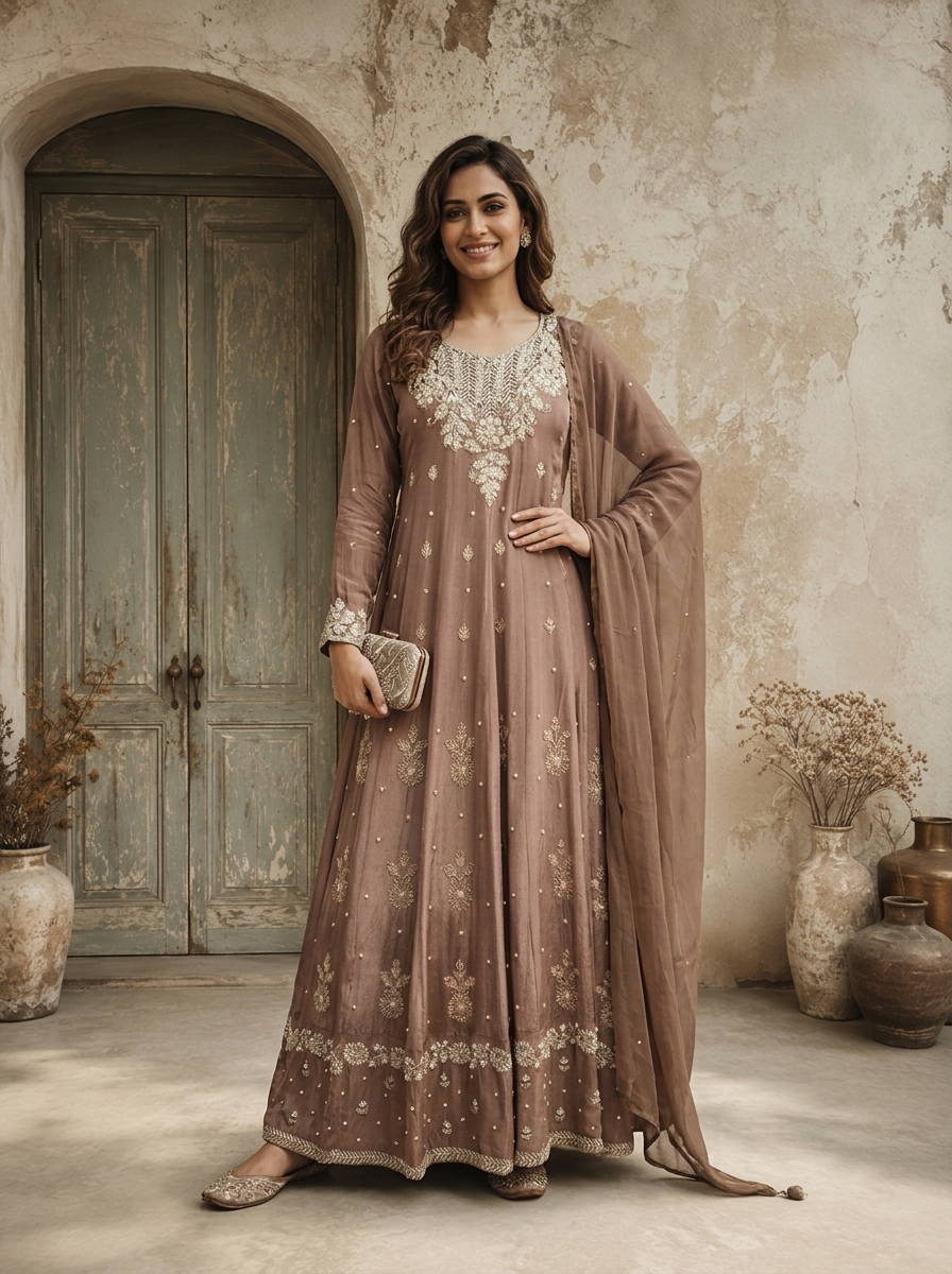 Brown Chinon Floral Buti Embroidered Anarkali With Dupatta