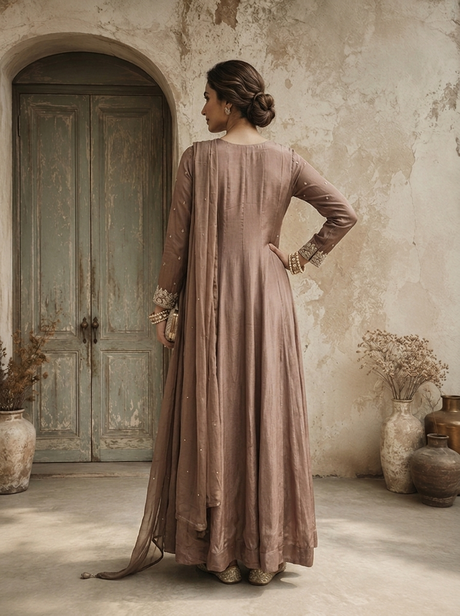 Brown Chinon Floral Buti Embroidered Anarkali With Dupatta
