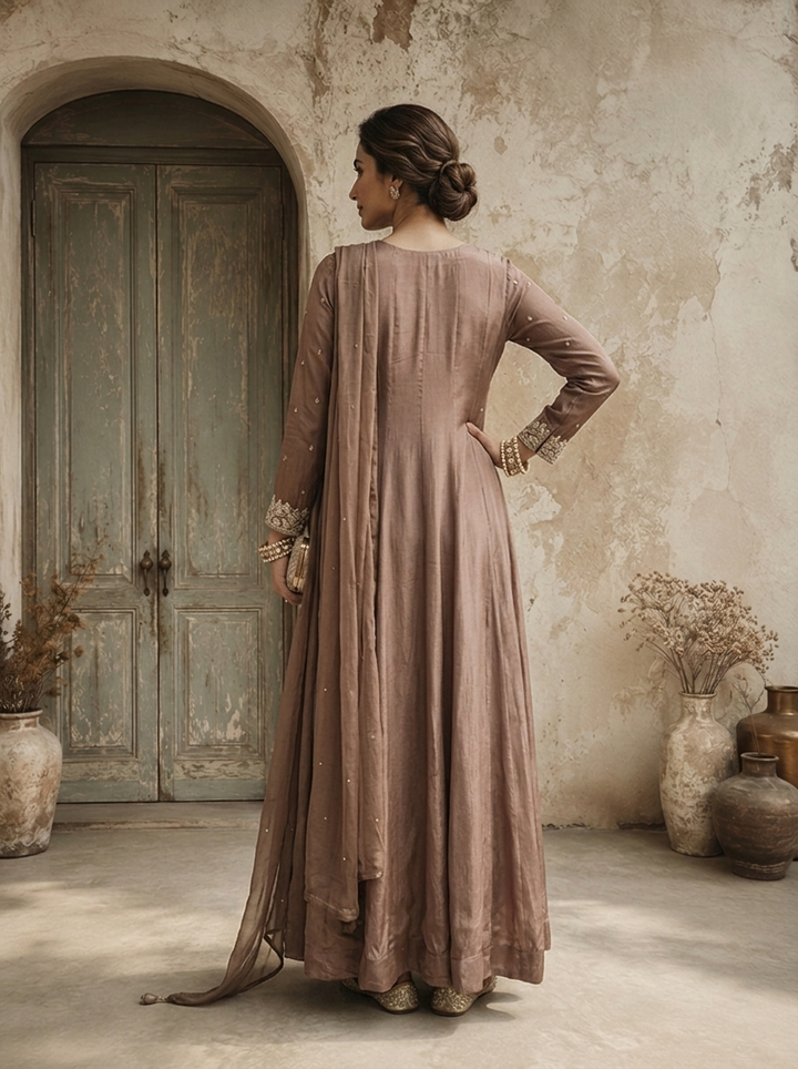Brown Chinon Floral Buti Embroidered Anarkali With Dupatta