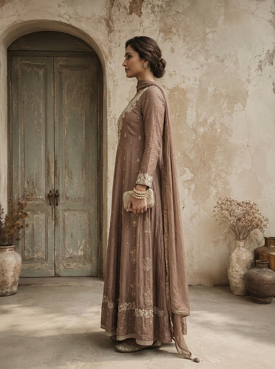 Brown Chinon Floral Buti Embroidered Anarkali With Dupatta