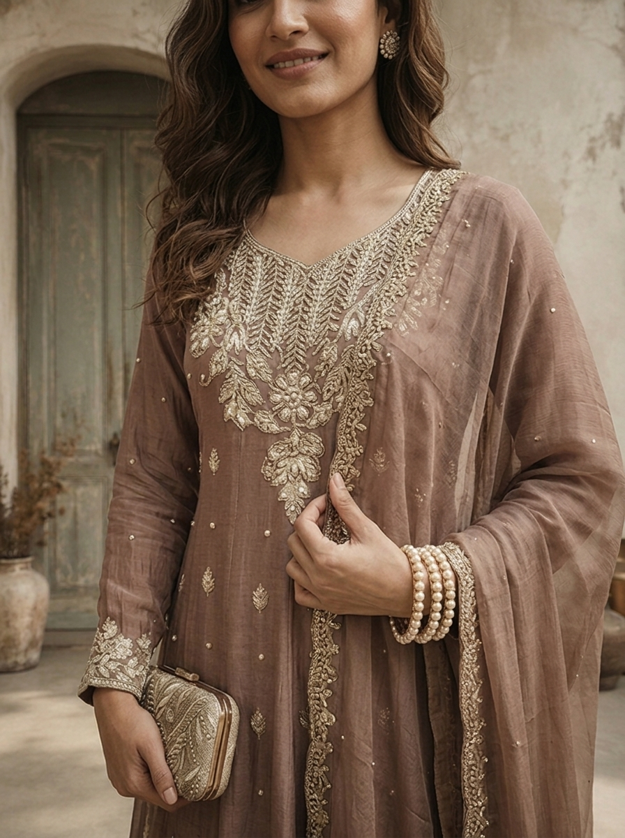 Brown Chinon Floral Buti Embroidered Anarkali With Dupatta