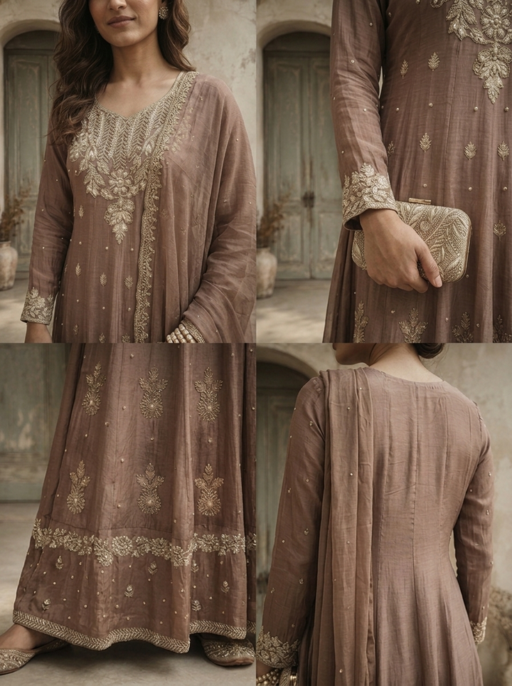 Brown Chinon Floral Buti Embroidered Anarkali With Dupatta