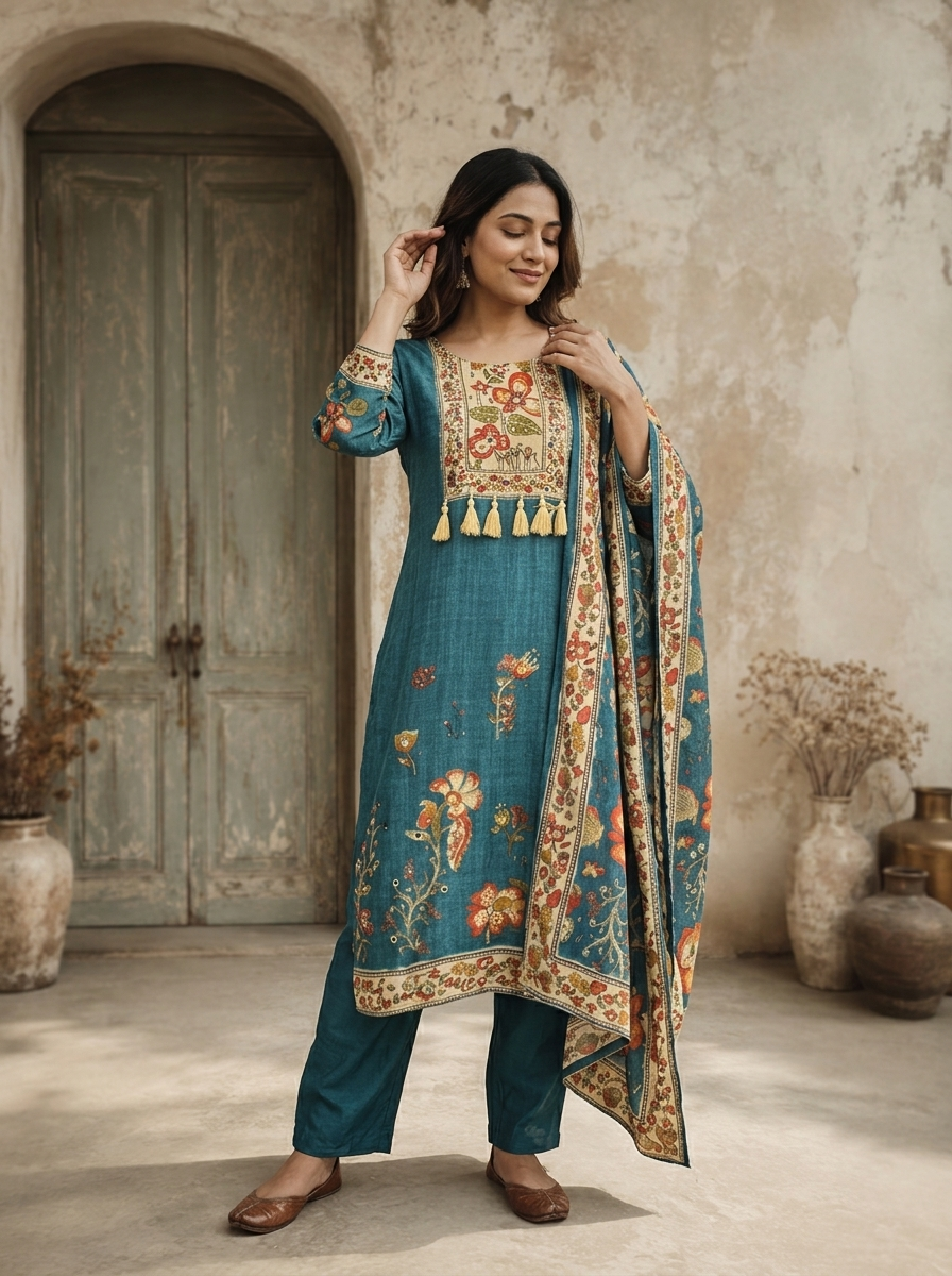 Peacock Silk Floral Printed Three Piece Set