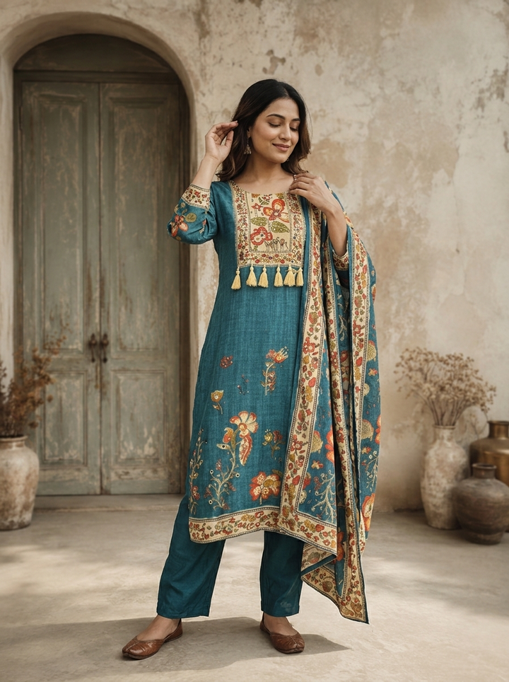 Peacock Silk Floral Printed Three Piece Set