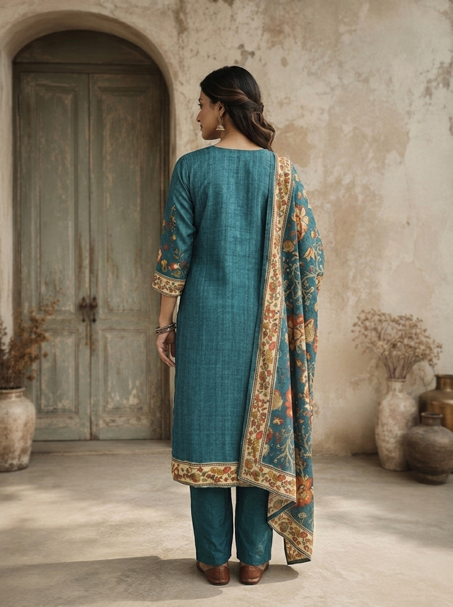 Peacock Silk Floral Printed Three Piece Set