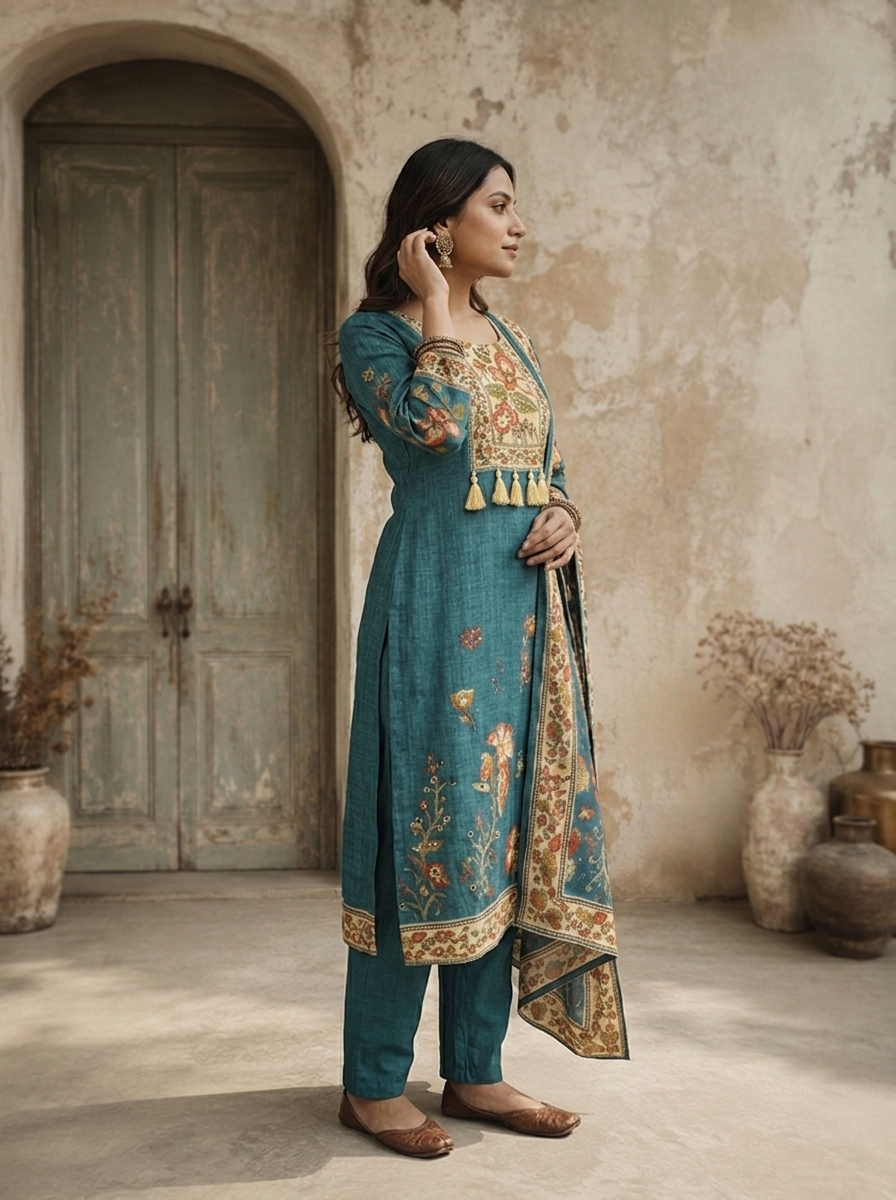 Peacock Silk Floral Printed Three Piece Set