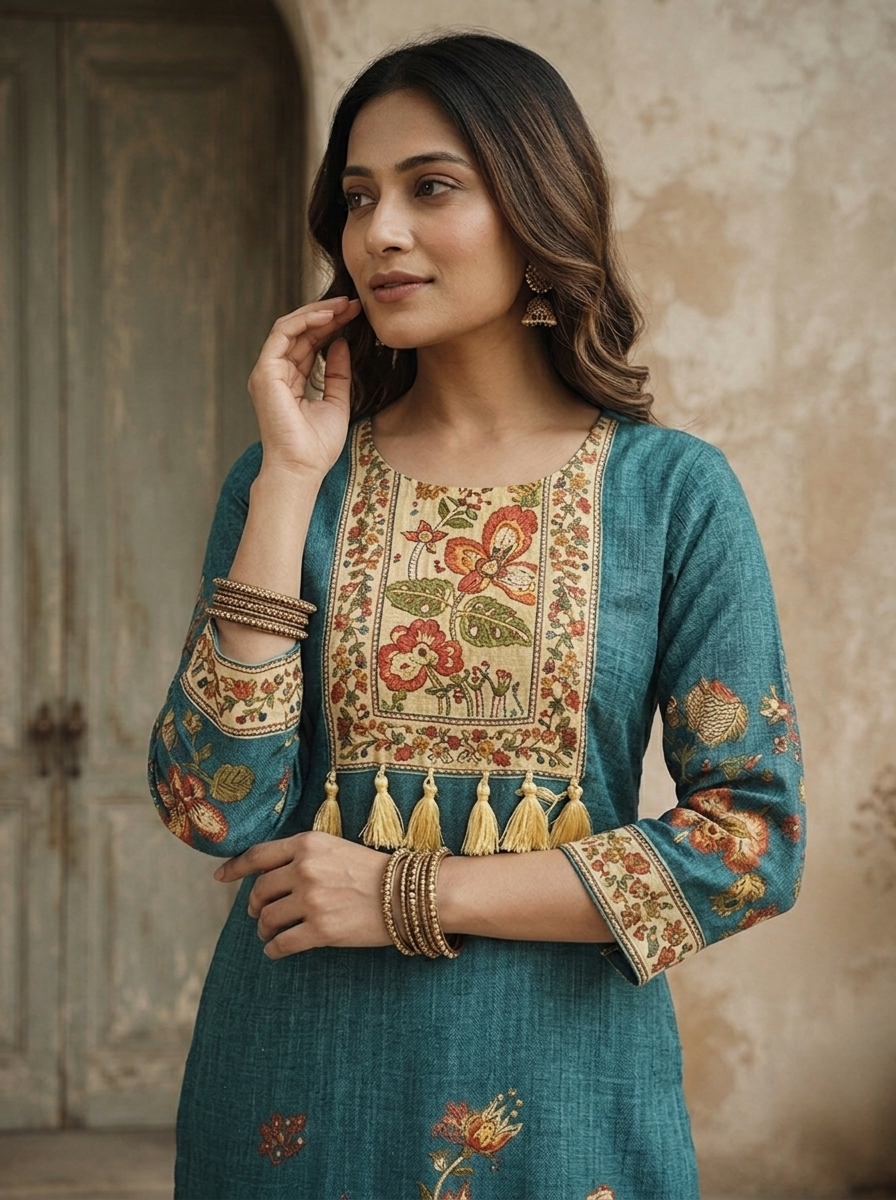 Peacock Silk Floral Printed Three Piece Set