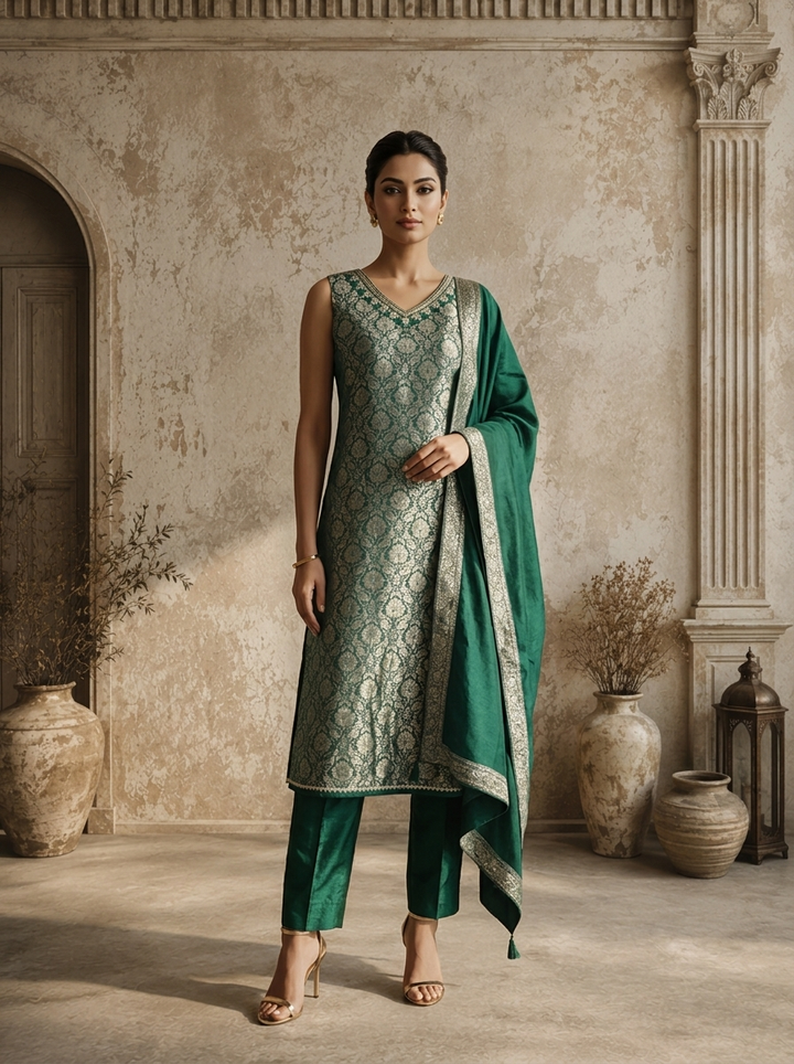 Bottle Green Banaras Floral Jaal Weaved Three Piece Set
