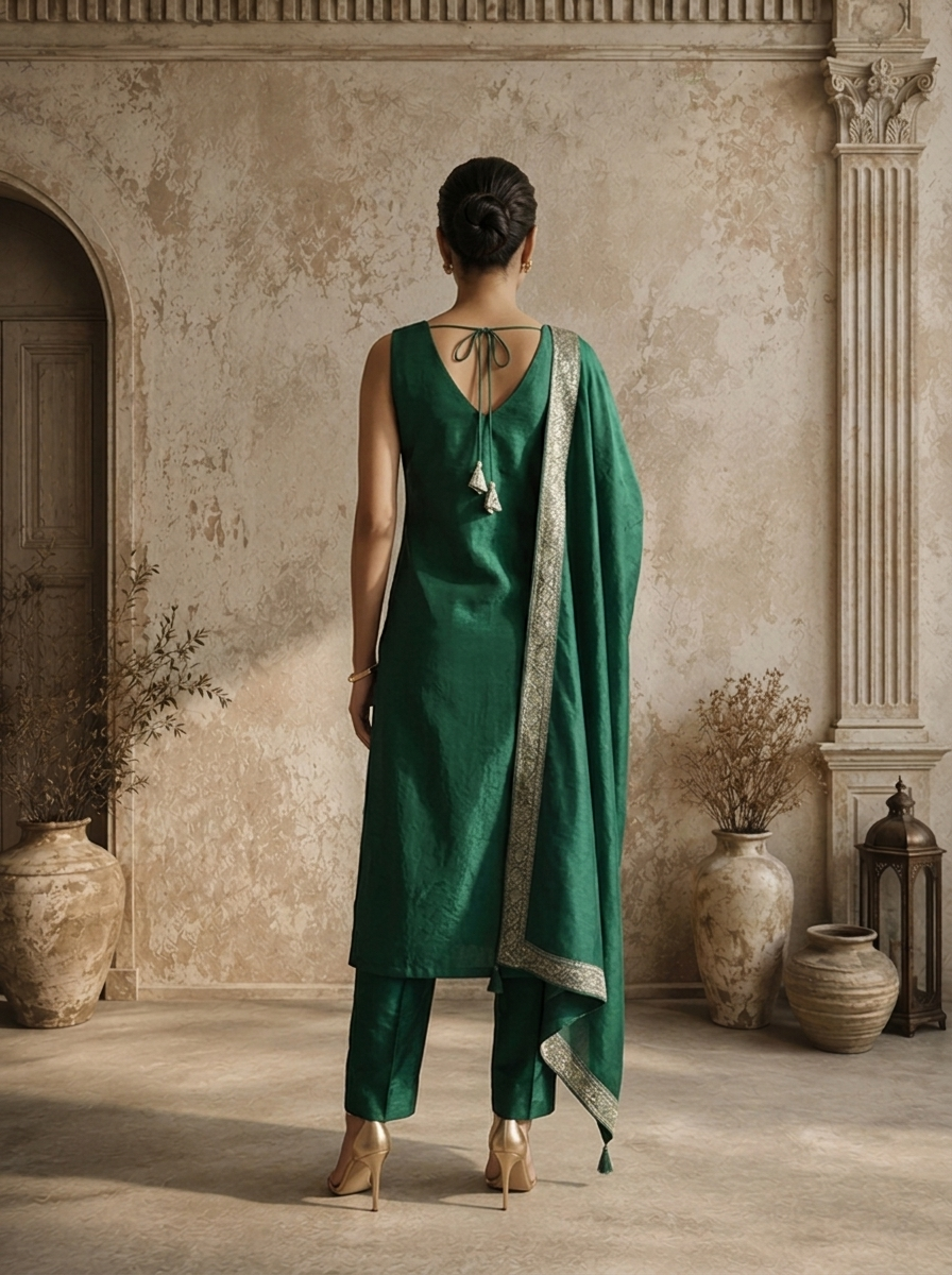 Bottle Green Banaras Floral Jaal Weaved Three Piece Set