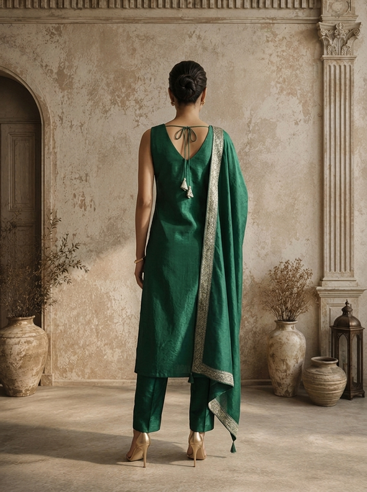 Bottle Green Banaras Floral Jaal Weaved Three Piece Set