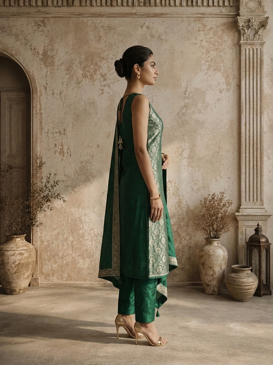 Bottle Green Banaras Floral Jaal Weaved Three Piece Set