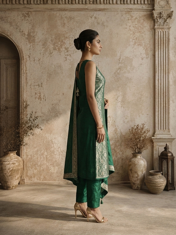 Bottle Green Banaras Floral Jaal Weaved Three Piece Set
