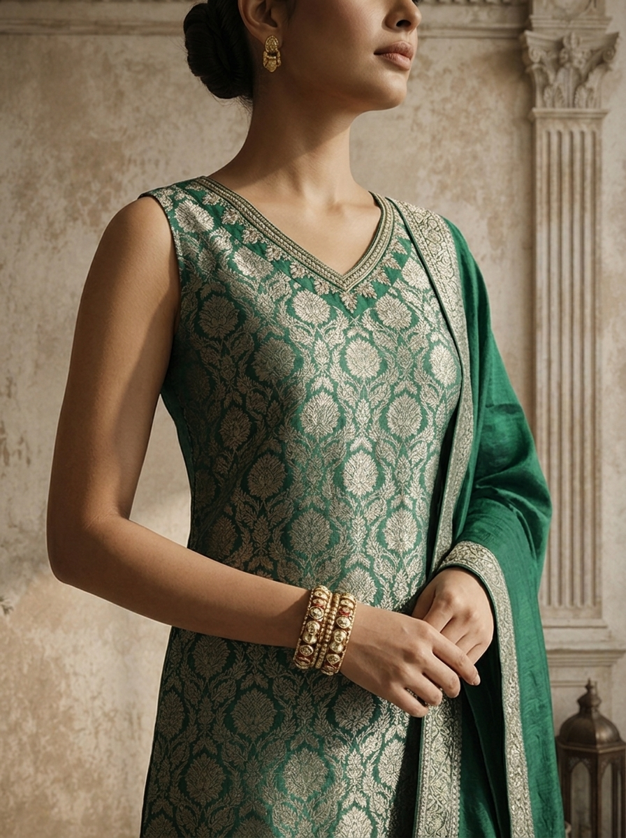 Bottle Green Banaras Floral Jaal Weaved Three Piece Set