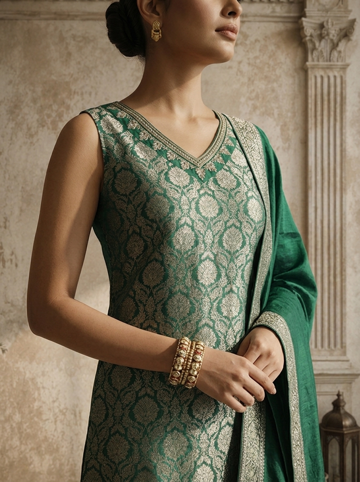 Bottle Green Banaras Floral Jaal Weaved Three Piece Set