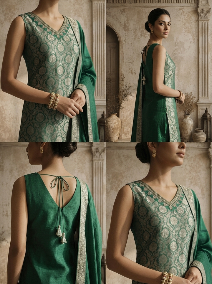 Bottle Green Banaras Floral Jaal Weaved Three Piece Set