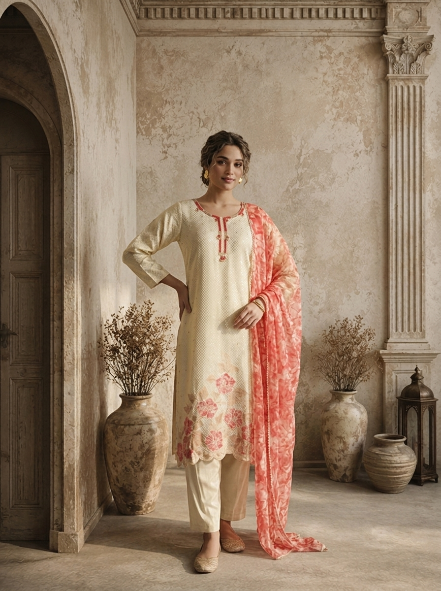 Pink Tissue Floral Applique Embroidered Three Piece Set