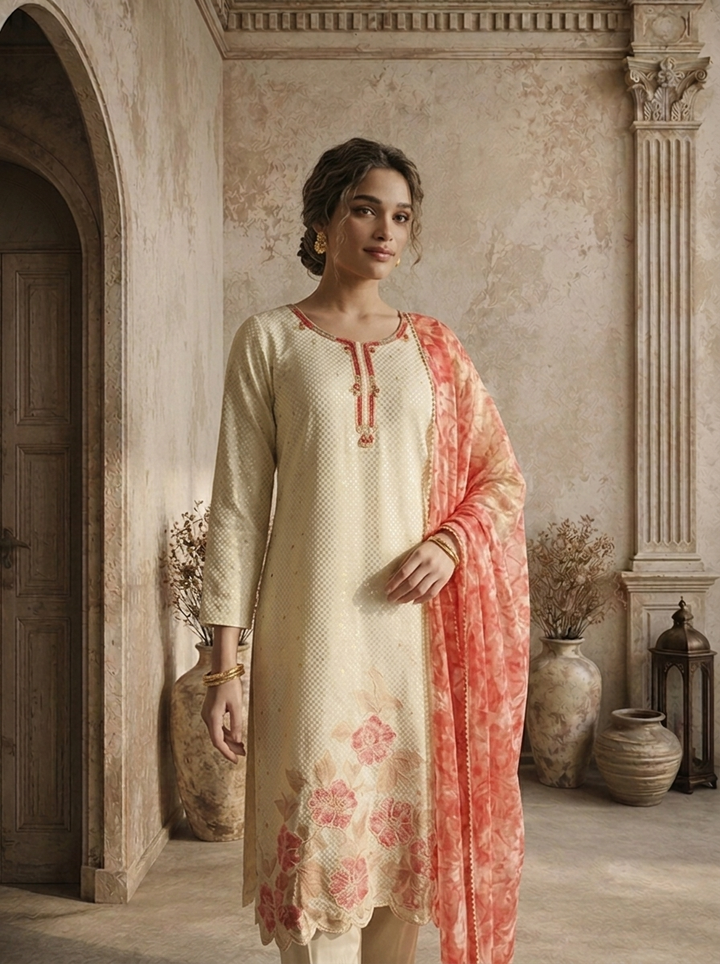 Pink Tissue Floral Applique Embroidered Three Piece Set