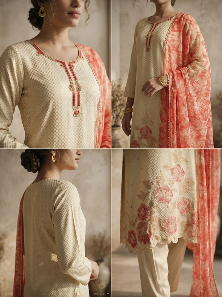 Pink Tissue Floral Applique Embroidered Three Piece Set