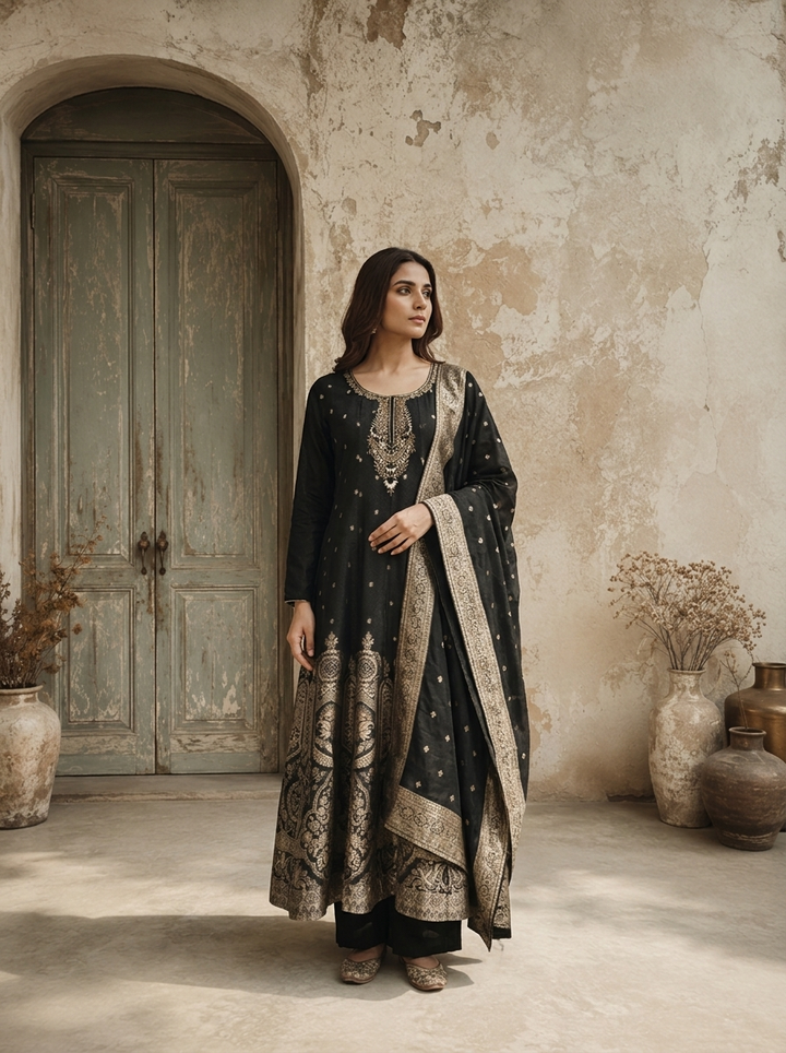 Black Silk Ethnic Weaved Three Piece Set