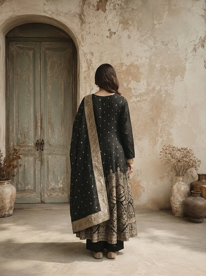Black Silk Ethnic Weaved Three Piece Set