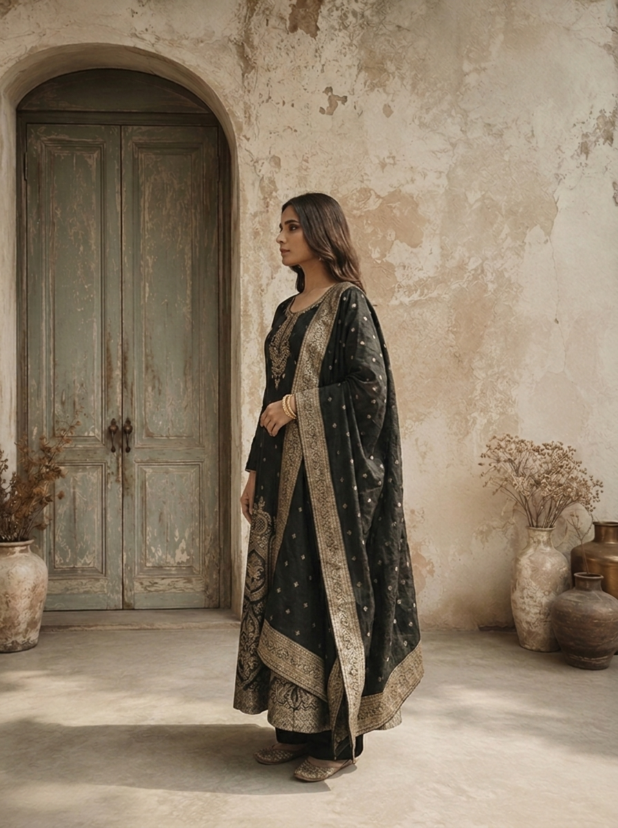 Black Silk Ethnic Weaved Three Piece Set