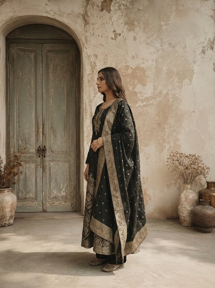 Black Silk Ethnic Weaved Three Piece Set