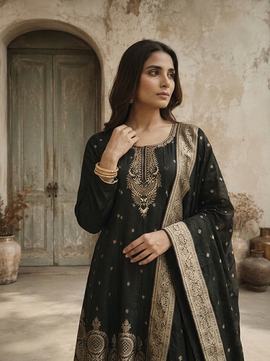 Black Silk Ethnic Weaved Three Piece Set