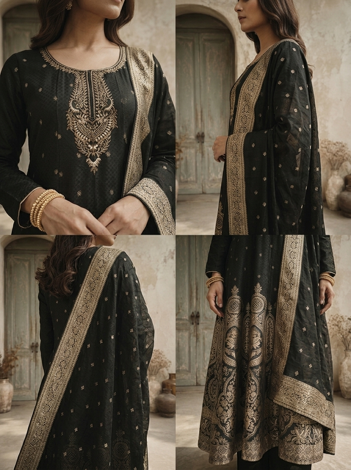 Black Silk Ethnic Weaved Three Piece Set