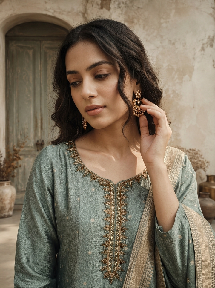 Sea Green Silk Golden Buti Weaved Three Piece Set