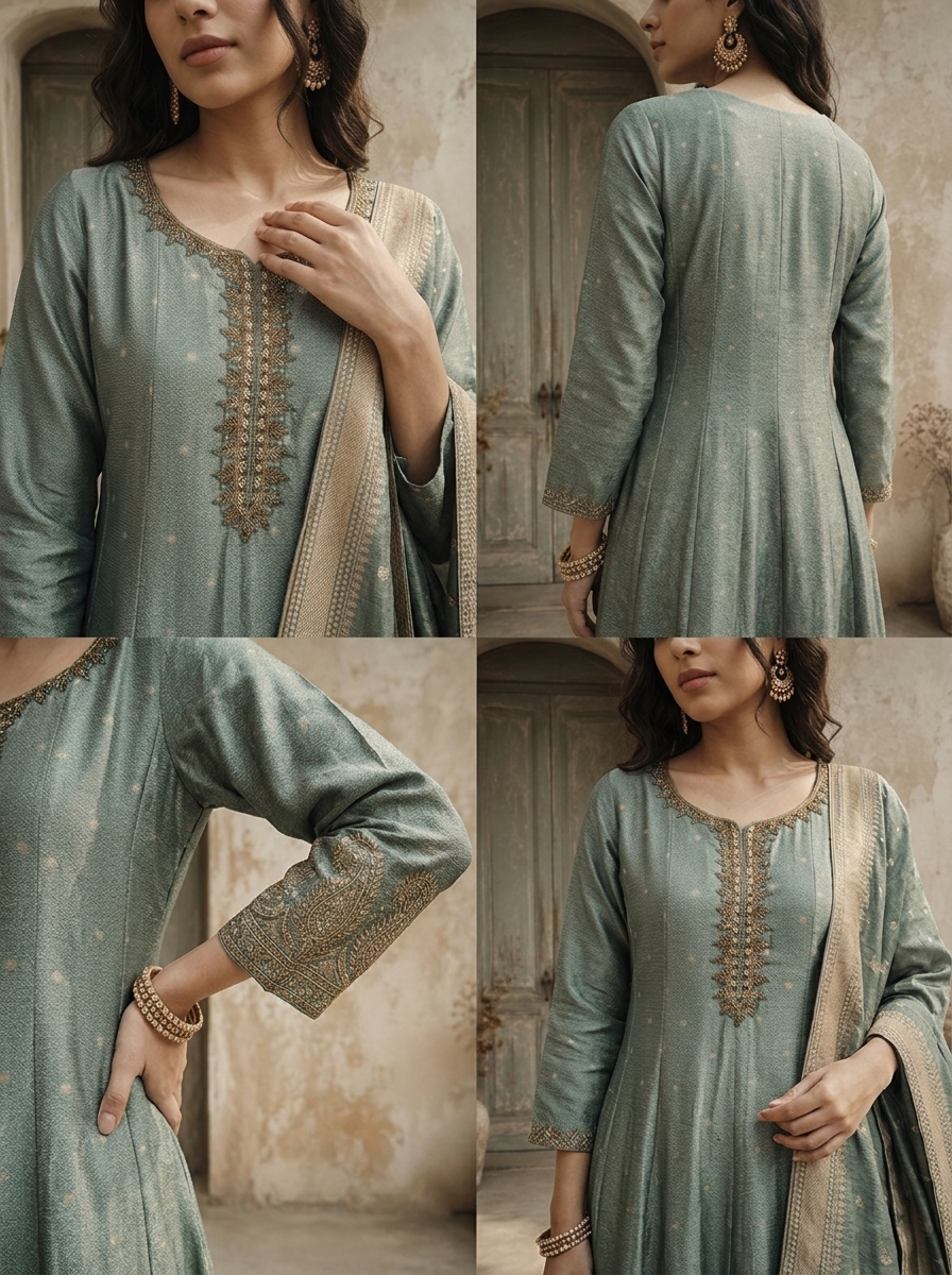 Sea Green Silk Golden Buti Weaved Three Piece Set