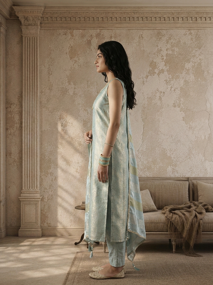 Ice Blue Banaras Floral Jaal Weaved Three Piece Set