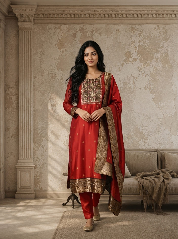 Maroon Silk Buti Weaved Three Piece Set