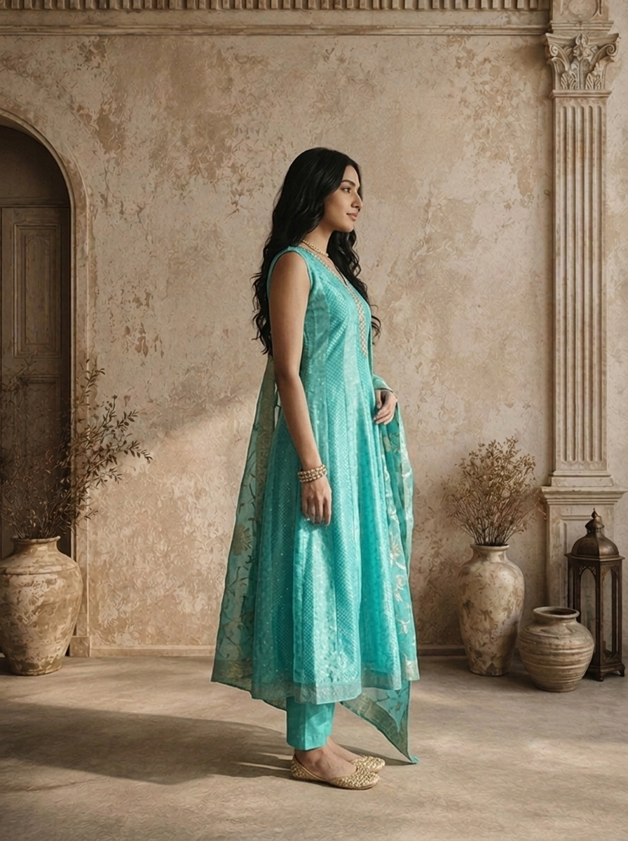 Sea Green Tissue Small Buti Weaved Three Piece Set