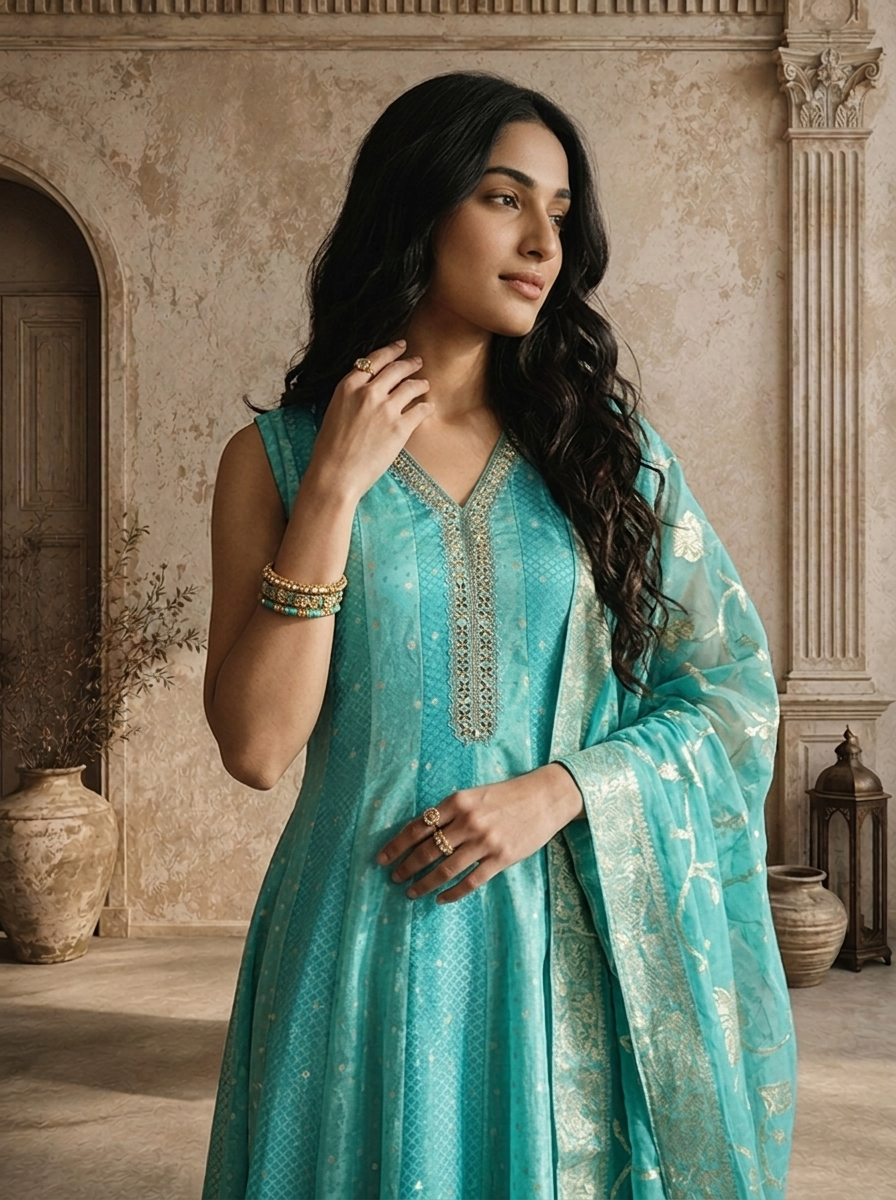 Sea Green Tissue Small Buti Weaved Three Piece Set