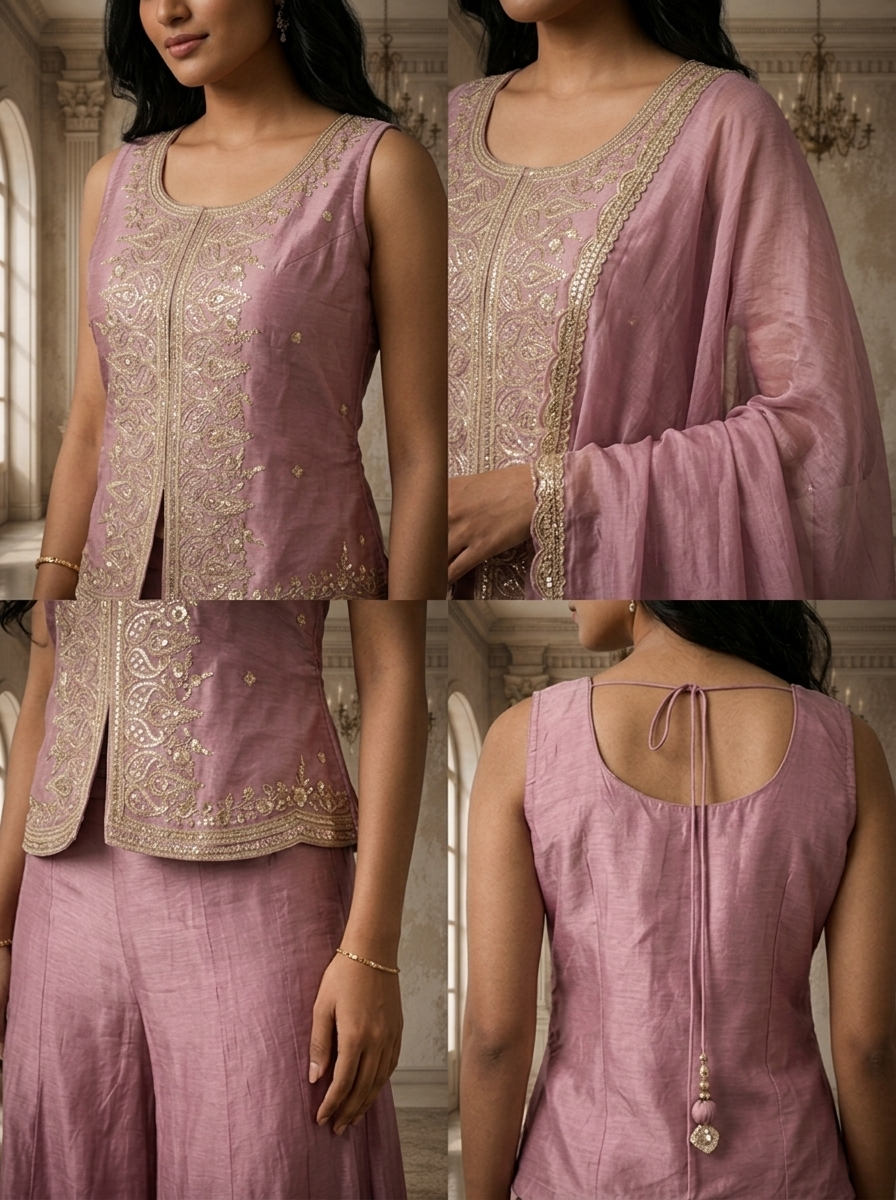 Lavender Chinon Zari Jaal Embroidered Three Piece Set