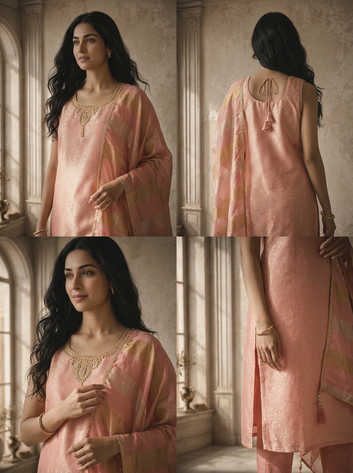 Onion Pink Banaras Floral Jaal Weaved Three Piece Set