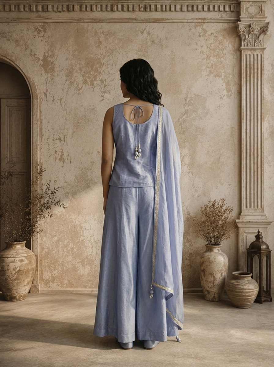 Ice Blue Chinon Zari Jaal Embroidered Three Piece Set