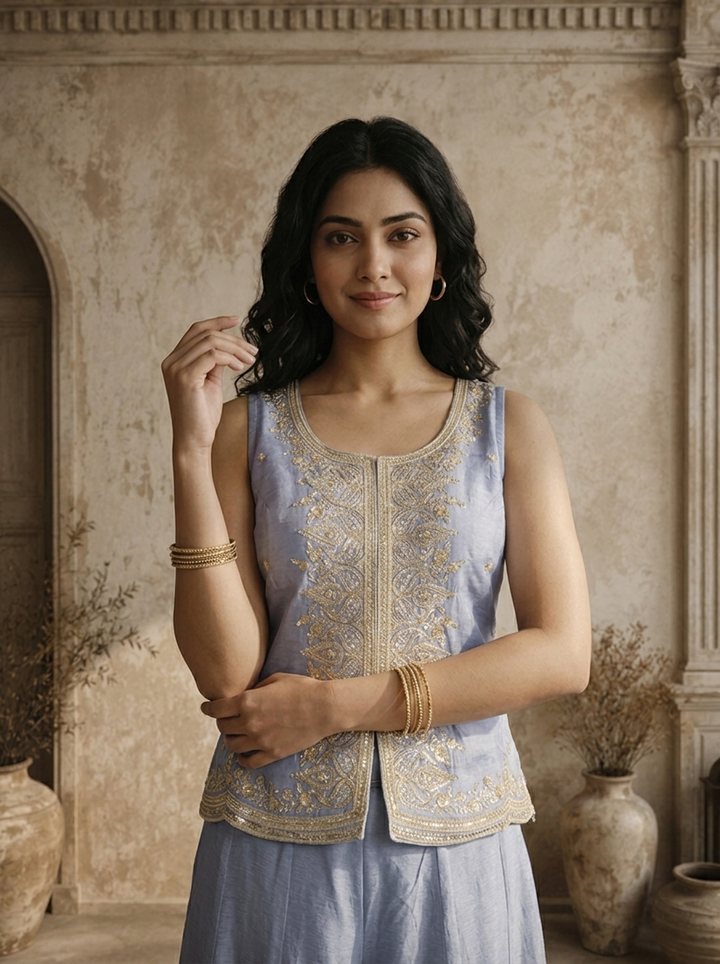 Ice Blue Chinon Zari Jaal Embroidered Three Piece Set
