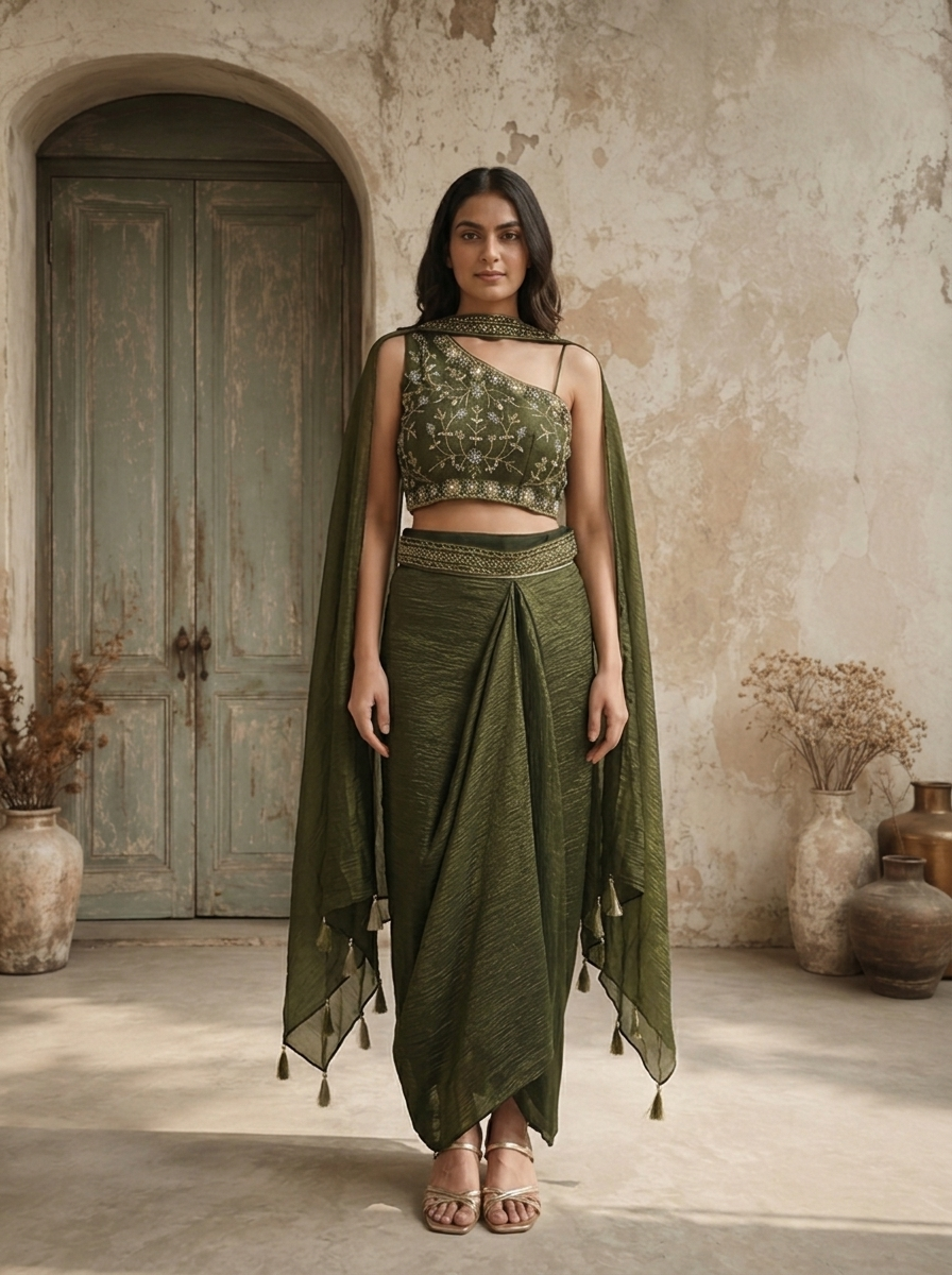 Bottle Green Tissue Floral And Thread Embroidered Three Piece Set